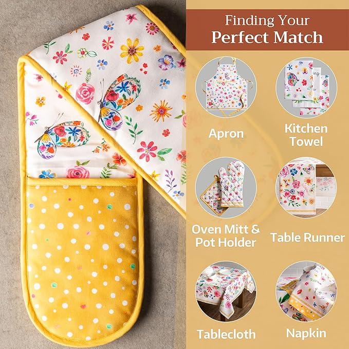 Maison d' Hermine Double Oven Mitts 100% Cotton 7"x35" Double Oven Mitt Heat Resistant BBQ Cooking Gloves with Loop Baking Grilling Gifts for Mothers Day Spring Summer (Happy Florals - Sweety)