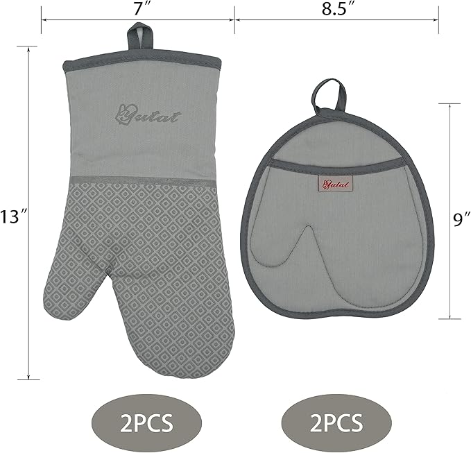Yutat Oven Mitts - Oven Mitts and Pot Holders Sets Made of Non-Slip Silicone & BPA-Free Silicone, High Heat Resistant 500 Degrees, Perfect for Kitchen Cooking Baking BBQ, 4Pcs Set, Light Grey