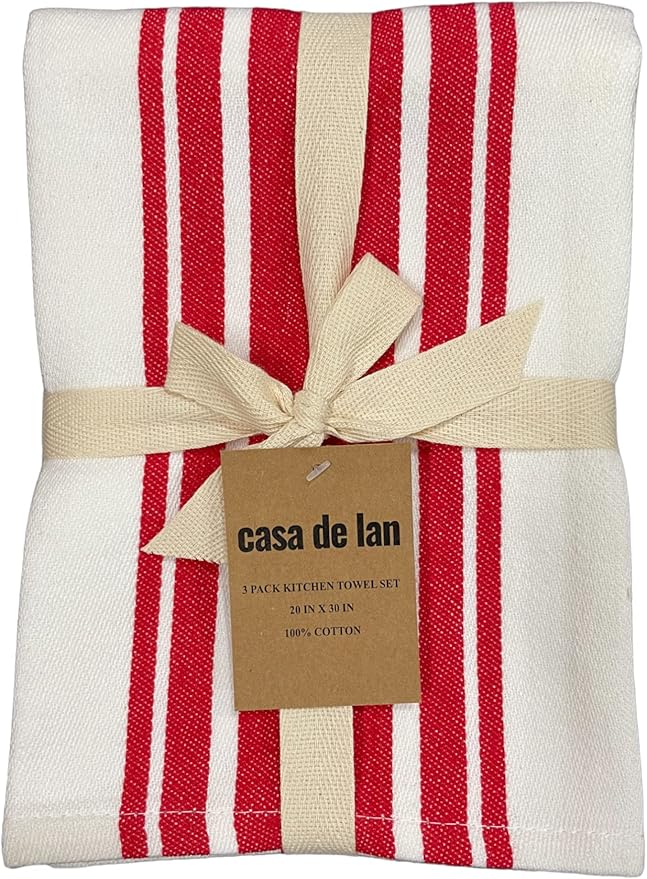 Kitchen Towels Set – Pack of 3 (20’’ x 30’’) Extra Large Premium Cotton Dish Towels for Kitchen – Super Striped Towels – Absorbent – 100% Cotton – Hanging Loop – Red