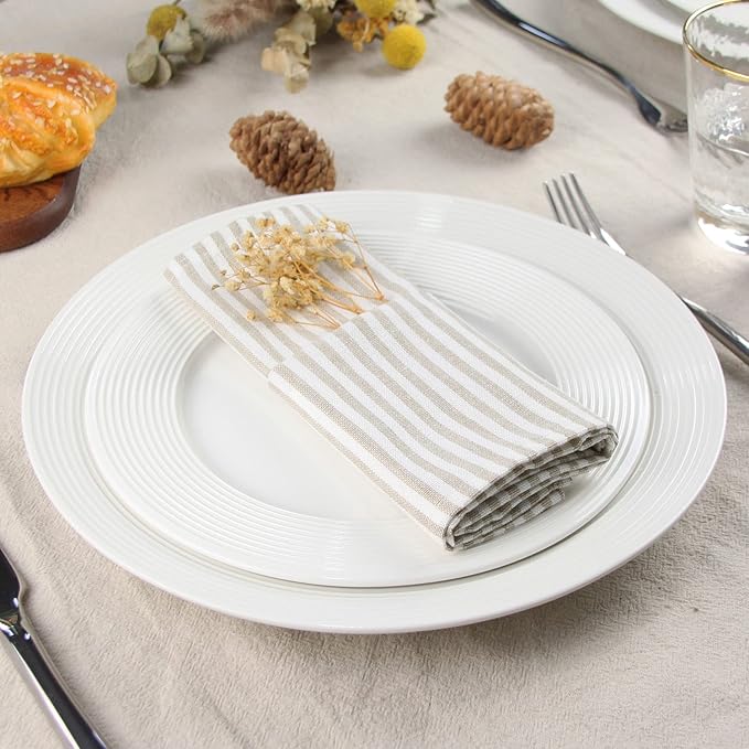 Plain Striped Cotton Linen Blended Dinner Cloth Napkins - Set of 12 (40 x 30 cm) - for Events & Home Use (Beige)