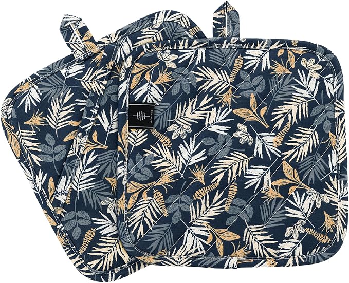 BONTHEE Pot Holders for Kitchen Heat Resistant Hot Pads for Countertops Oven Pot Holders Cotton Potholders for Kitchen Cooking Baking (Blue Leaves)