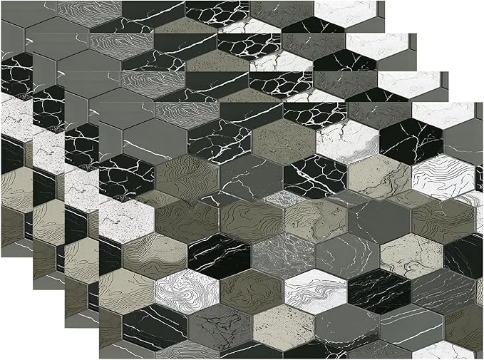 Batmerry Hexagonal Tiles Placemats, Gray and White Hexagons Washable Linen Table Mats for Kitchen Table Double Insulation Decor Dining Set Indoor Outdoor 12X18 in Set of 4