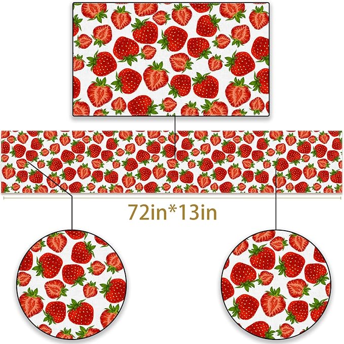 Pudodo Strawberry Table Runner Spring Summer Fruit Strawberry Themed Birthday Baby Shower Party Kitchen Dining Home Decoration (13" x 72")