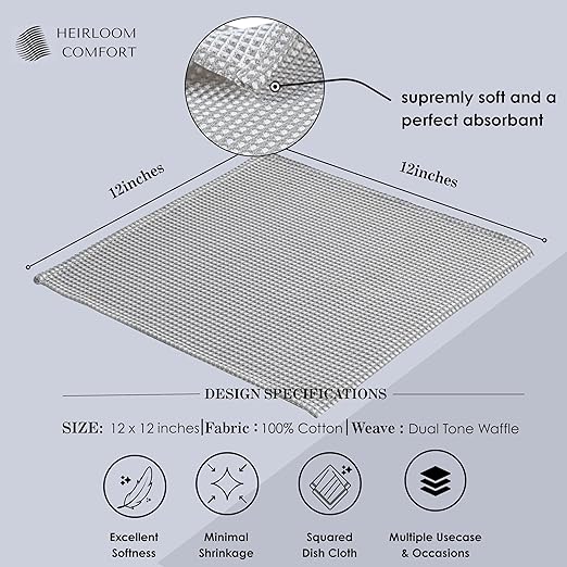12 Pack Dual Reversible Waffle Weave Dish Cloth, 12x12 Inch, 100% Cotton, Absorbent Dishcloth Set, Quick Dry, Soft for Cleaning, Wiping, Hand Towels, Dish Rags, Durable, Ash Grey