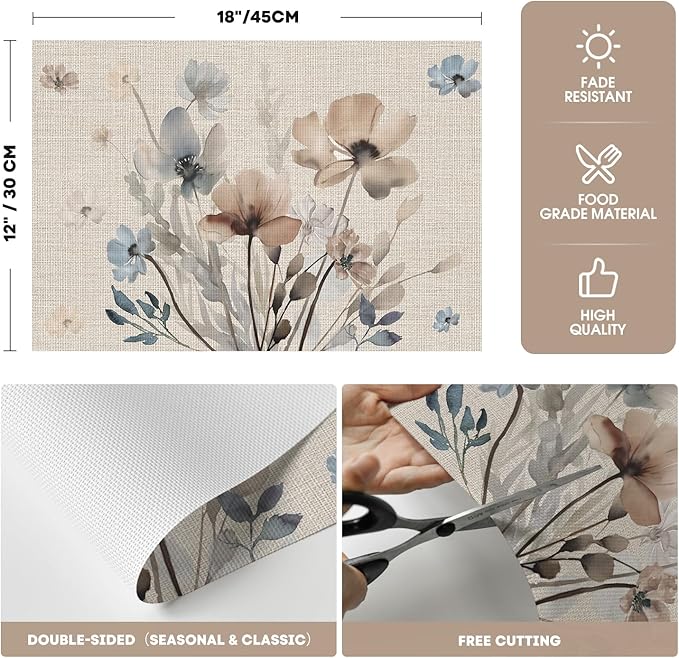 Artoid Mode Brown Poppy Floral Vinyl Plastic Placemats Set of 4, Washable Non-Slip PVC Table Mats for Party Kitchen Dining Decor, 12x18 Inch