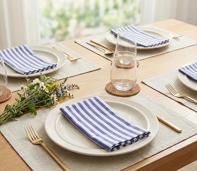 PurpleEssences Plain Striped Cloth Napkins - Set of 12-100% Cotton - 18 x 18 Inch - Spring Easter Summer and Perfect Everyday Use Dinner Napkin - Blue and White