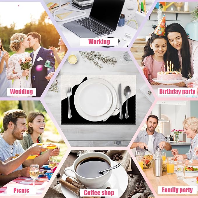 Cute Black White Cat Placemats Set of 6,12x18 Inch Animals Linen Place Mat Washable Stain Resistant Table Mats for Spring Summer Seasonal Farmhouse Kitchen Party Home Decor