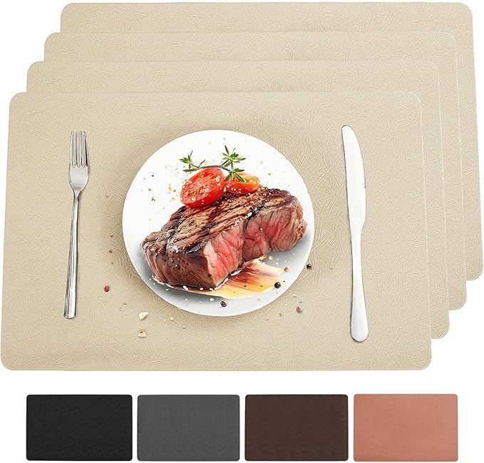 Vinyl Placemats Set of 4 Heat Resistant Easy Clean Non-Slip Place Mats for Dining Table Faux Leather Waterproof Stain Resistant Wipeable Washable PVC Table Mats(4, Beige)