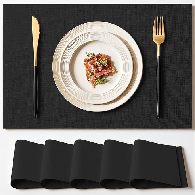 Placemats Set of 6 Linen Type Fabric Cloth Placemats, 18x12 Inch Double Layered Thick Wrinkle Free Heat Resistant Table Place, for Dining, Kitchen, Party (45 * 30cm, Black)