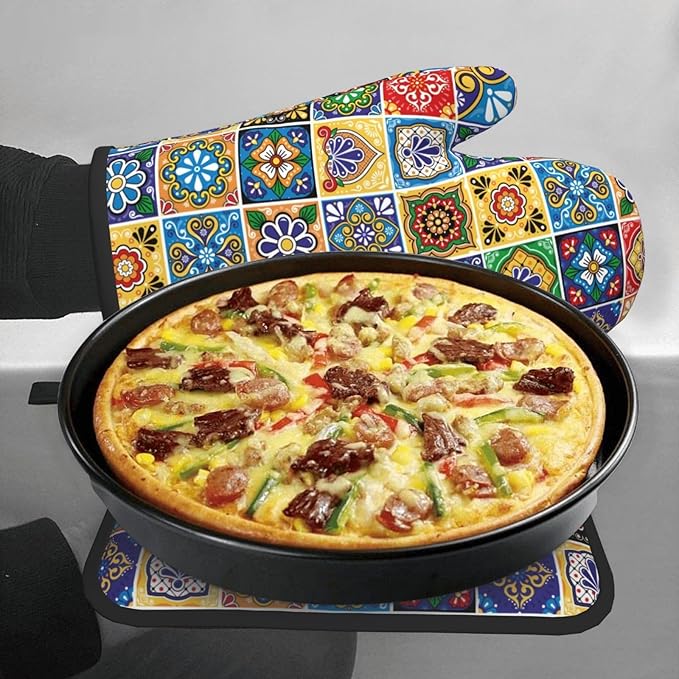 Mexican Talavera Tile Oven Mitts and Pot Holders Sets of 3, Heat Resistant Non-Slip Polyester Colorful Talavera Kitchen Gloves Gifts for Cooking Lovers, Vibrant Kitchen Decor for Baking BBQ Cooking