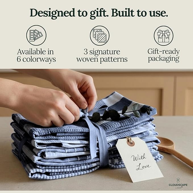 CLOUDSCAPE Kitchen Towels Set of 6 : Cotton-Blended Dish Cloths, Waffle Weave Quick-Drying Dish Towels for Kitchen Essentials, Highly Absorbent, Durable 18”x28” Hand Towels with Hanging Loop -Indigo