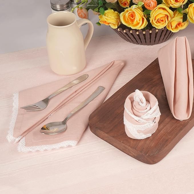 FINGERCRAFT Dinner Cloth Napkin Cotton Linen Blend 4 Pack Mitered Corners with Elegant Lace for Everyday Use Napkins are Pre Shrunk and Good Absorbency Pink Easter Color