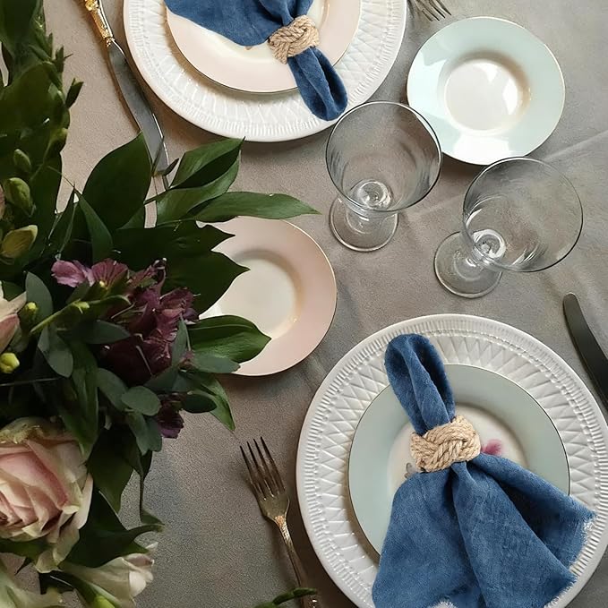 Cotton Blend Fringe Cloth Napkins - Crinkle Gauze Dinner Napkins, Reusable & Washable Table Napkins, 17" x 17" (43 x 43 cm), Multiple Colors, 12/24/48/100 Pack (12, Denim Blue)