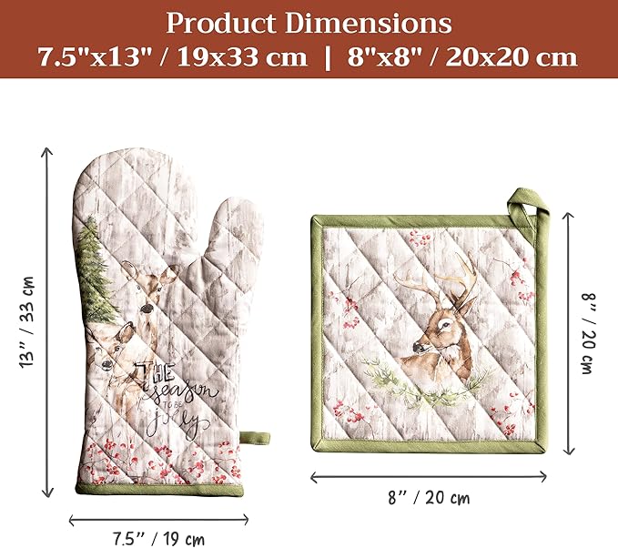 Maison d' Hermine 100% Cotton Oven Mitt & Pot Holder Set (7.5"x13" & 8"x8") Heat Resistant BBQ Cooking Gloves with Loop for Thanksgiving Christmas Decorations Handling Hot Pans (Mountain Life)