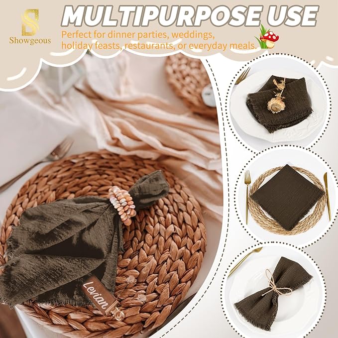 Showgeous 10 Pack Brown Cloth Napkins with Fringe 16x16 inch 100% Cotton Brown Napkins Handmade Dinner Napkins Bulk Washable Soft Rustic Table Napkins for Wedding Parties Bridal Baby Shower