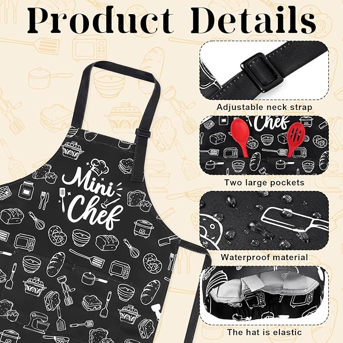 Kids Apron and Chef Hat Set, Funny Apron with 2 Pockets, Adjustable Kids Aprons for Cooking for Boys and Girls