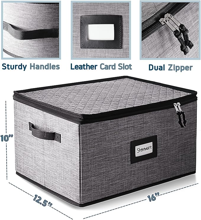 Wine Glass Storage Box with Dividers, 2 Pack Stackable Stemware Storage Cases, Service of 24 Glassware Storage Containers, Quilted China Storage Containers for Moving and Seasonal Storage, Grey