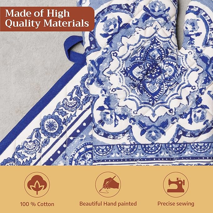 Maison d' Hermine 100% Cotton Oven Mitt & Pot Holder Set (7.5"x13" & 8"x8") Heat Resistant BBQ Cooking Gloves with Loop Baking Grilling Kitchen Gifts for Mothers Day Spring/Summer(Melodie Bleue)