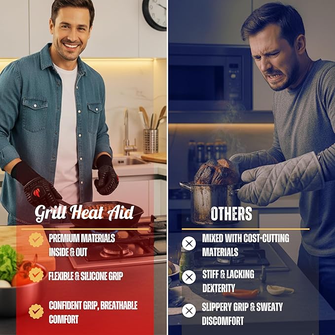 GRILL HEAT AID Extreme Heat Resistant BBQ Gloves - 1472°F Grill Gloves Heat Proof for Men EN407 Certified Fireproof Grilling Gloves for Fire Pit & Smoker, High Temp Grill Mitts for Outdoor Pizza Oven