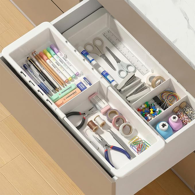 2 Pack Expandable Hanging Drawer Organizer with Removable Dividers, Adjustable Deep Drawer Organizer Tray 11.4–18Inch for Kitchen, Makeup, Bathroom, Desk Drawer Storage
