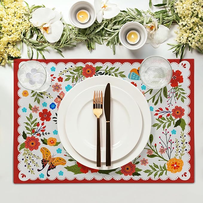 Linen Floral Red Placemat Set of 4 Cloth Rustic Seasonal for Kitchen Dining Table Decor