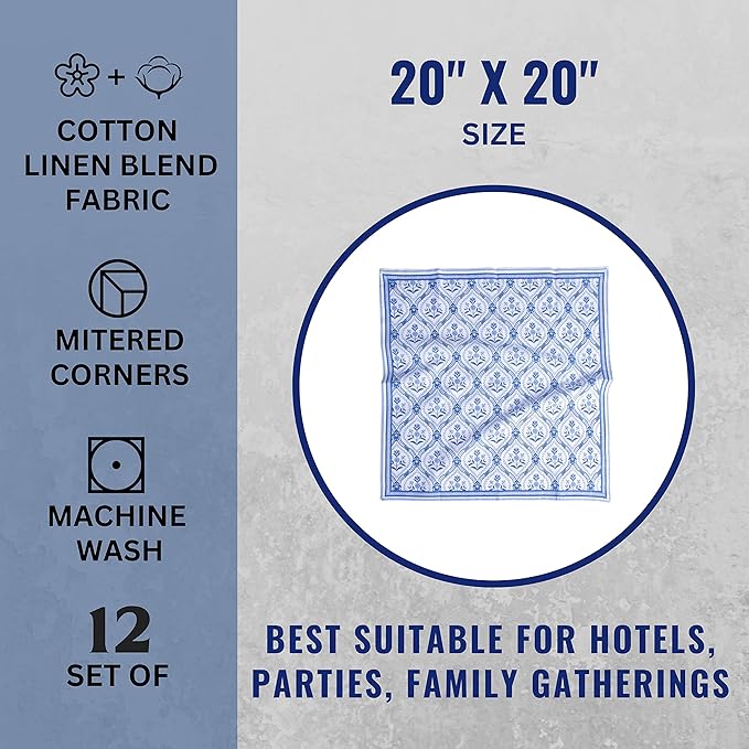 FINGERCRAFT Cloth Napkins, Set of 4 Cotton Linen Blend Printed Dinner Napkins Cloth Mitered Corner Perfect for Parties Dinners Weddings Cocktail Christmas Easter 20x20 Damask Blue