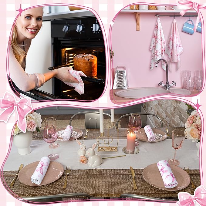 Breling Set of 6 Pink Bow Towels Vintage Pink Dish Towel Bathroom Decorative Rustic Cloths Tea Towels for Kitchen Bathroom Home Cooking Housewarming Valentines Gifts, 14 x 21 Inch
