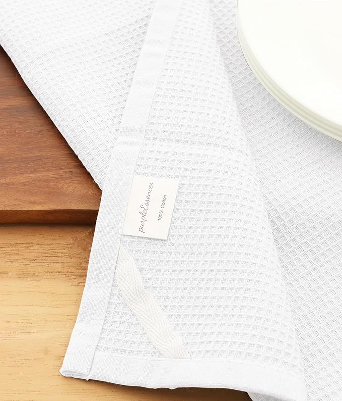 PurpleEssences Waffle Weave Kitchen Towel, 100% Cotton - 15x25 Inches with Hanging Loop, Ultra Soft Absorbent Quick Drying Dish Cloth, Tea and Hand Towels, 6 Pack - Spring Easter Summer - White