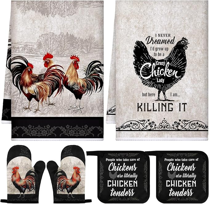 Bencailor 6 Pcs Spring Kitchen Decor Sunflower Pot Holders and Oven Mitts Sets Yellow Kitchen Towel 2 Farmhouse Cooking Mittens for Cooking Grilling Supply Accessories(Black, Gray,Rooster)
