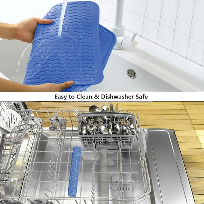 ZLR Silicone Dish Drying Mat 12" x 12" Square - Small Heat Resistant Trivet & Countertop Protector for Air Fryer, Coffee Maker - Waterproof Kitchen Drain Pad for Cups, Fruit (Lichen Blue)