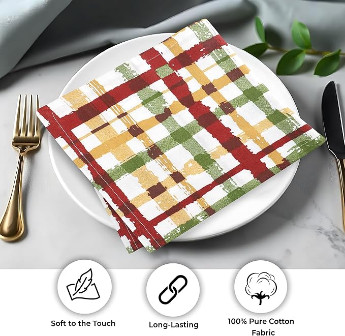 Urban Villa Cloth Napkins Set of 12 20x20 Inches 100% Cotton Napkins Cloth Washable Durable Reusable Absorbent Table Dinner Napkins Cloth for Thanksgiving Hotel Lunch Restaurant Parties – Fall Checks