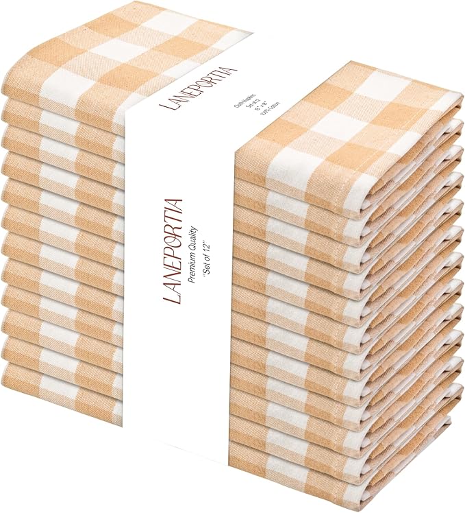 Cloth Napkins Set of 12, 100% Cotton Dinner Napkins 18x18 Inch, Soft Absorbent Gingham Check Napkin for Restaurant, Table Décor, Reusable Washable for Everyday Use - Beige/White