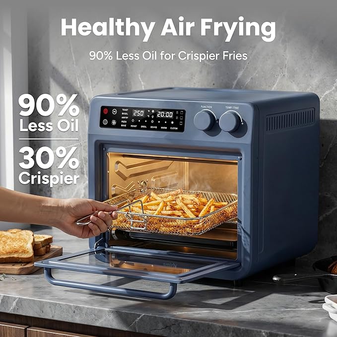SMIRLY Digital Air Fryer Toaster Oven Combo, 27QT Convection Countertop Oven, 10-in-1 Multi-Function Fits 12" Pizza & 6 Slices of Toast, Stainless Steel, Blue