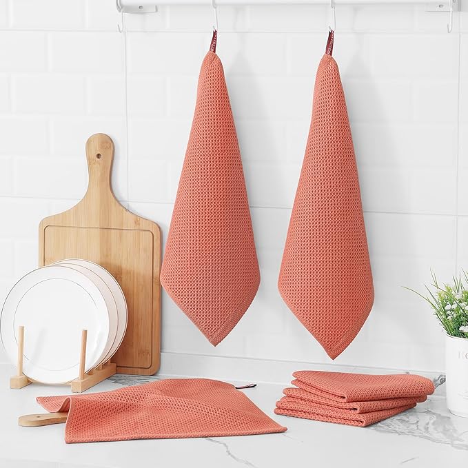 Kitinjoy 100% Cotton Kitchen Dish Cloths (12 X 12 Inches, Coral), 6 Pack Waffle Weave Ultra Soft Absorbent Dish Towels for Drying Dishes Quick Drying Kitchen Towels Dish Rags