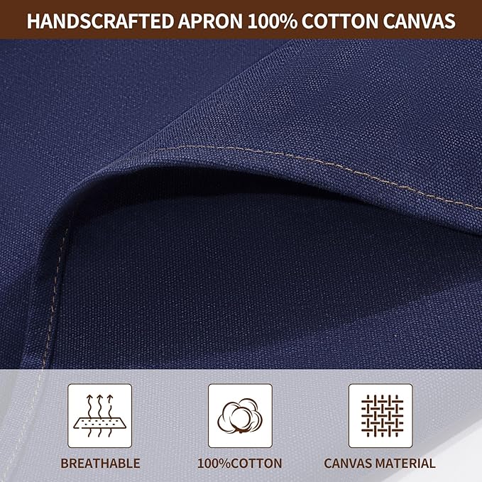 Chef Aprons for Men Women with 4 Large Pockets, Cotton Canvas Cross Back Adjustable Apron for Work grilling kitchen gardening