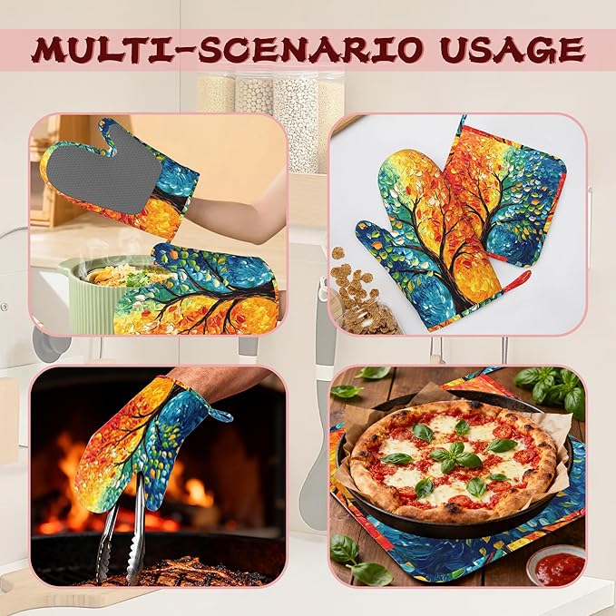 Tree of Life Silicone Oven Mitts and Pot Holders,Heat-Resistant 4 Piece Kitchen Set Non-Slip Oven Gloves and Hot Pads for Cooking, Baking, Grilling,BBQ