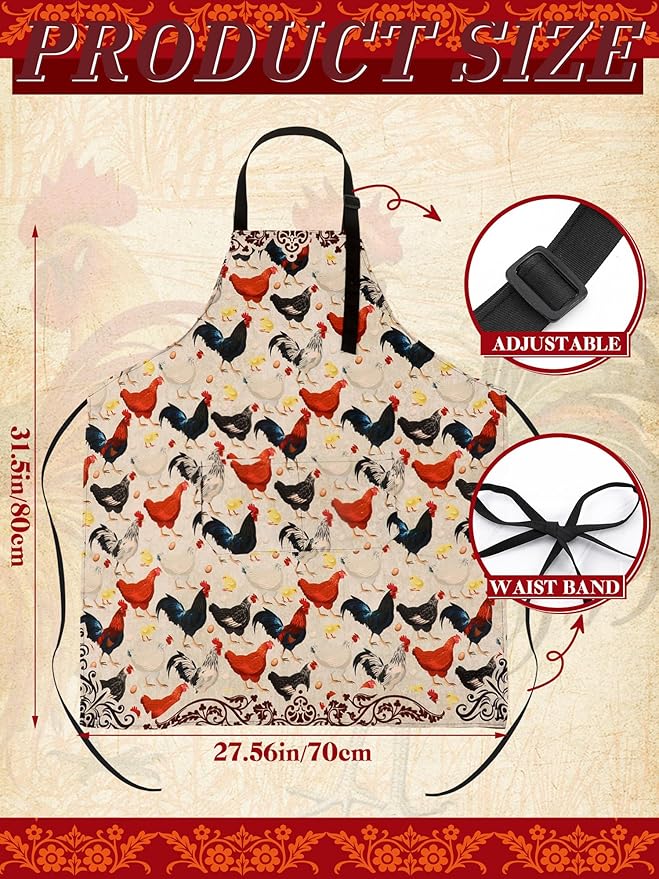 Geetery 4 Pcs Chicken Aprons for Women Rooster Print Apron Waterproof Adjustable for Kitchen Cooking