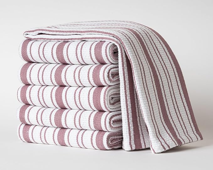 Kitchen Towels Set – Pack of 6 (20’’ x 30’’) Extra Large Premium Cotton Dish Towels for Kitchen – Basket Weave Towels – Absorbent – 100% Cotton – with Hanging Loop – Dark Pink