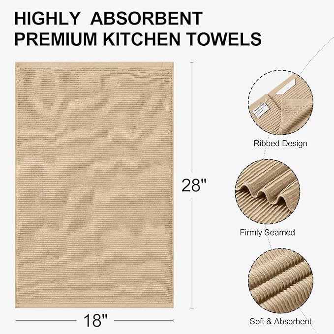 Homaxy Premium Kitchen Towels (18"x 28", 6 Pack), Large 100% Cotton Kitchen Hand Towels, Ultra Absorbent Ribbed Terry Tea Towels Set with Hanging Loop, Khaki