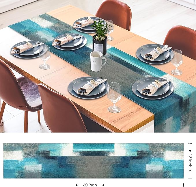 Emvency Farmhouse Table Runner, Modern Teal and Grey Abstract Art Painting for Kitchen Coffee Table Family Dinners Holiday Parties Wedding Events Decor(13x60 inch)