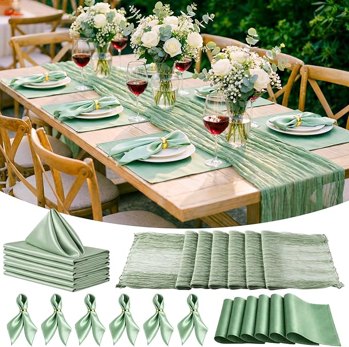 Patelai 19 Pcs Sage Green Table Runner Sets, 6 Placemats 6 Square Napkins with Napkin Rings Sets for Kitchen Dining Table Wedding Baby Shower Party Decorations