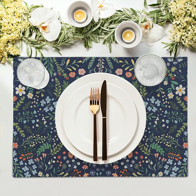 Giwawa Colorful Boho Flowers Placemats Set of 4 for Kitchen Dining, Navy Blue Rustic Floral Leaf Botanical Washable Linen Place Table Mat 12x18 Inches for Tabletop Seasonal Party Home Decor