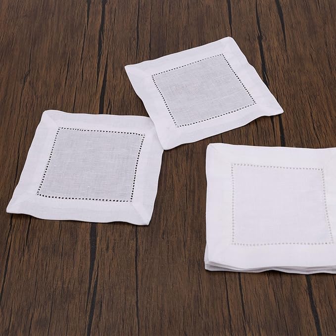 12pcs Linen Cocktail Napkins, 6x6 Inch Reusable Cloth Fabric Serviettes Napkins for Wedding Birthday Baby Shower Party Home Bar Beverage Supplies (White)