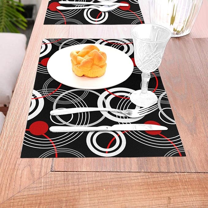 Black Red Placemats Set of 4, Geometric Linen Dining Table Mat, Washable Heat Resistant Place Mats for Kitchen Dining Holiday Party Home Decor