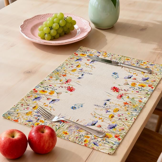 Spring Place Mats Set of 4 12x18 inch for Dinning Table - Blooming Floral Spring Table Decor, Party - Farmhouse Flower Seasonal Table Mats Decroations for Home