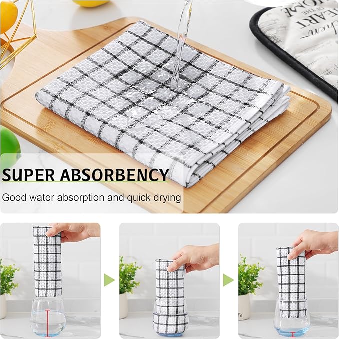 Homaxy 100% Cotton Kitchen Towels 8 Pack-15 X 25 Inches, Check Design Waffle Weave Hand Tea Towels, Super Soft and Absorbent Dish Towel for Drying Dishes, Black