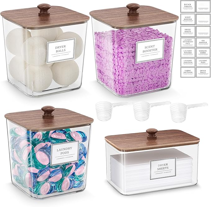 Laundry Pods Storage Container, Clear Laundry Room Organization and Storage,Detergent Powder Container,with Wooden Lids & Labels, 3+1 Pack（Dark Brown）
