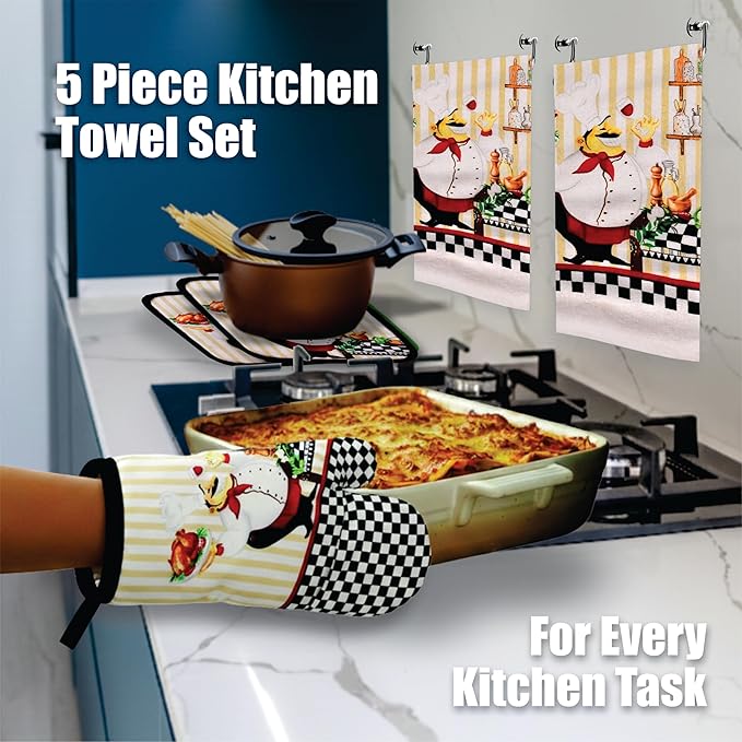 Lobyn Value Packs - Charming 5 Piece Kitchen Towel Set: Chubby Uniformed Chef Design, Includes 2 Decorative Dish Towels (25 X15) 1 Oven Mitt (11 X 7) and 2 Potholders (6.5 X 6.5)