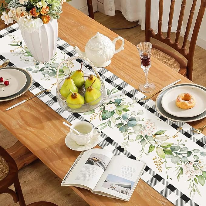 Bonhause Green Eucalyptus Leaves Flowers Table Runner 13x90 Inch Black White Buffalo Plaid Spring Plants Kitchen Dining Table Decoration for Indoor Outdoor Home Party Decor
