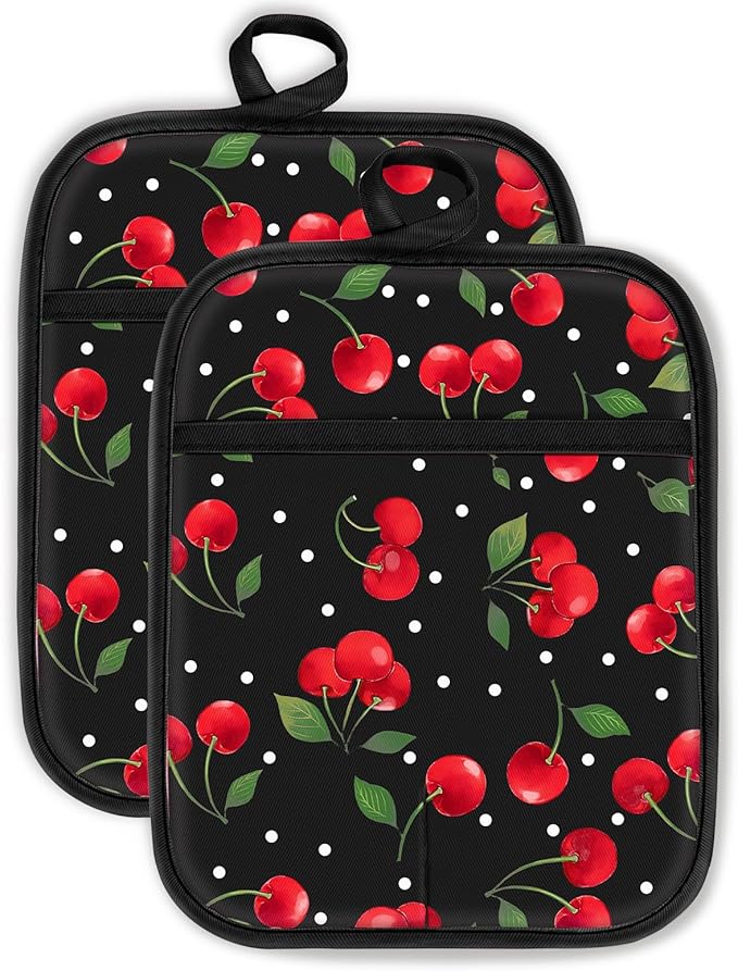 Swooflia 100% Cotton Pot Holders 2 Pack Set for Kitchen with Pockets - Cute 440°F Heat Resistant Oven Hot Pads Heavy Duty for Countertop Home Cooking Baking Microwave BBQ Cherry